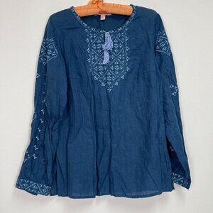 Slobozhanka Embroidered Chambray Top Size Large USA 14 Blue Tasseled Long Sleeve